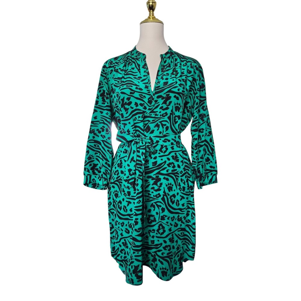 Amanda Uprichard Silk Dress Green Black Animal Print Belted Long Sleeve M